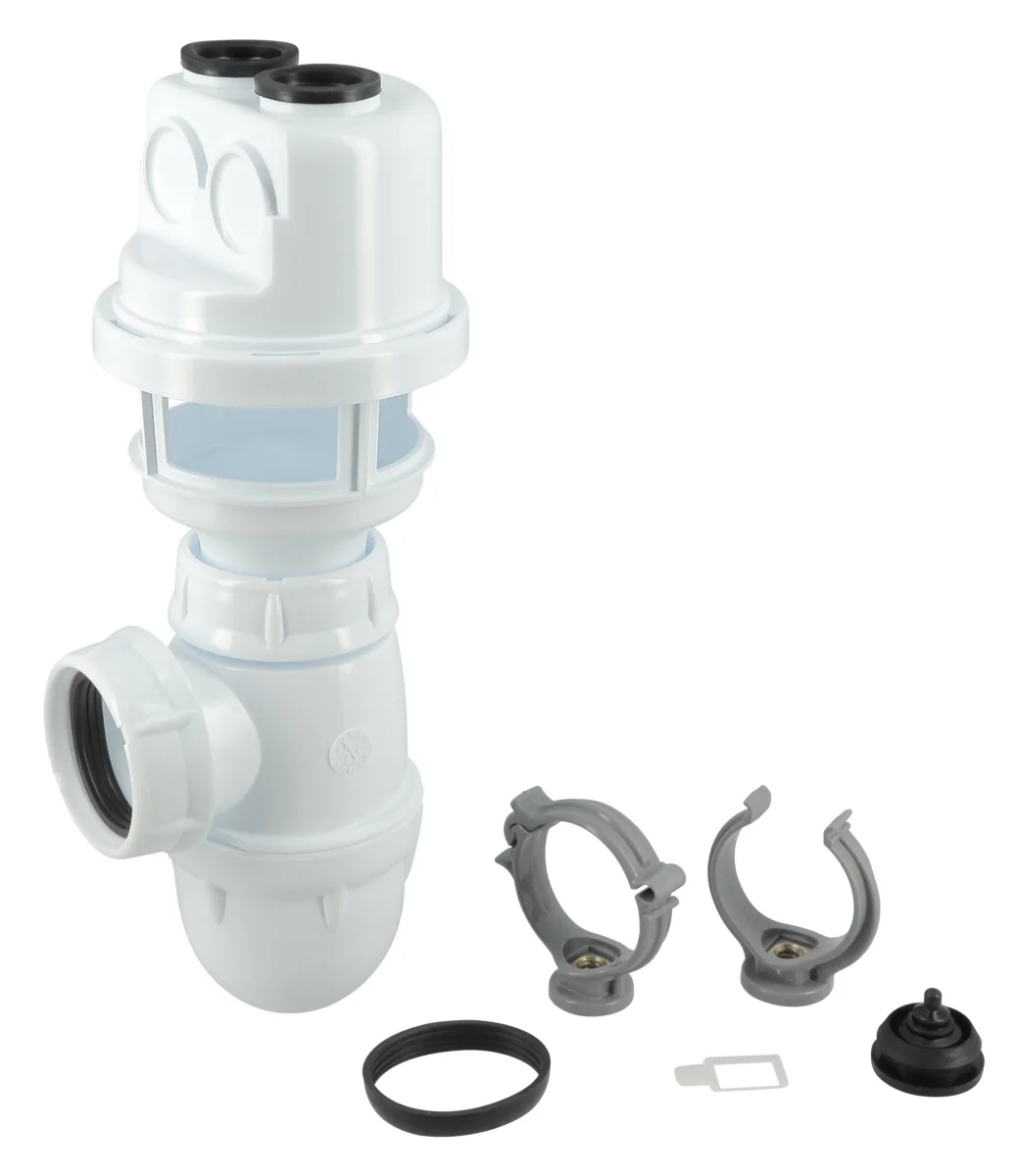 SA01, siphon avec garde d'air pour adoucisseur et osmoseur, garde d'eau 50 mm, garde d'air 20 mm, entrée Ø 5 à 18 mm, sortie Ø 40 mm