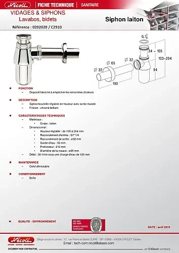C2910, siphon laiton chromé brillant avec sortie murale L=190 mm et rosace chromée