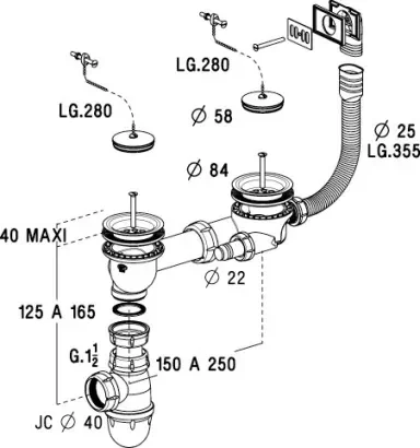 56352, vidage plastique Ø 84 mm, tubulure grand débit avec système de refoulement, siphon réglable en hauteur