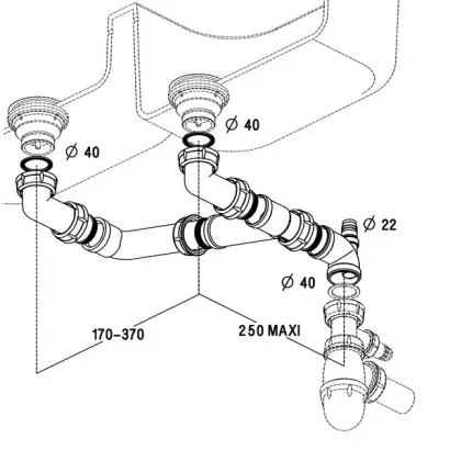 569, tubulure de raccordement universelle, pour éviers 2 cuves égales ou décalées