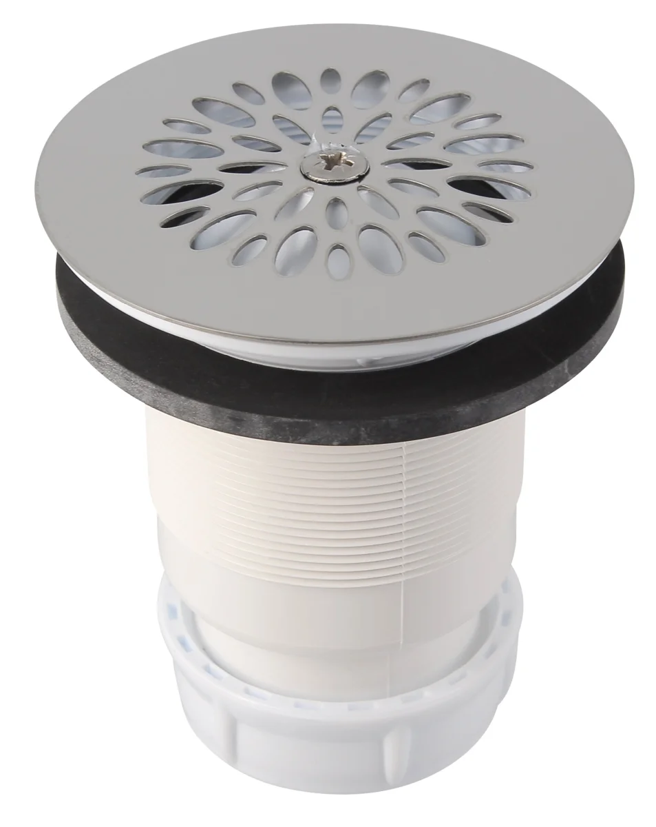 590, bonde pour receveur de douche, Ø 60 mm plastique standard, à grille inox, à sortie verticale, à visser ou à coller
