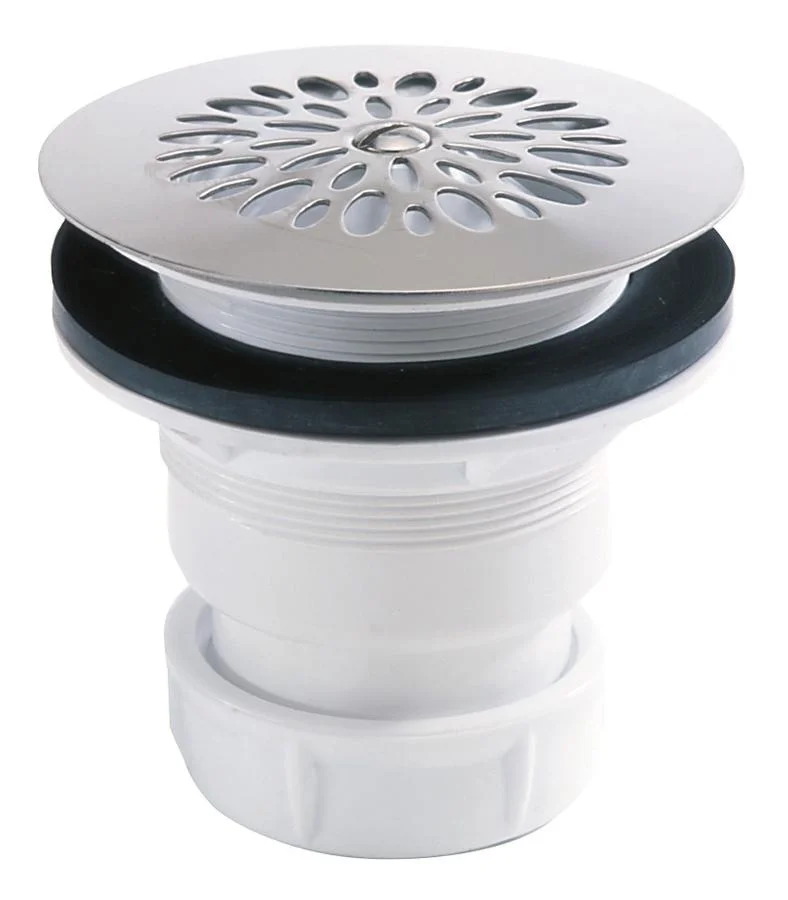 795, bonde à grille inox, Ø 90 mm plastique standard, sortie verticale, universelle pour tout type de receveurs, sortie à visser ou coller