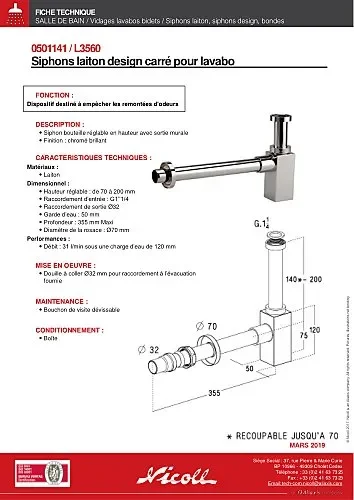 L3560, siphon laiton, design carré, réglable en hauteur, culot visitable par bouchon, raccord à coller