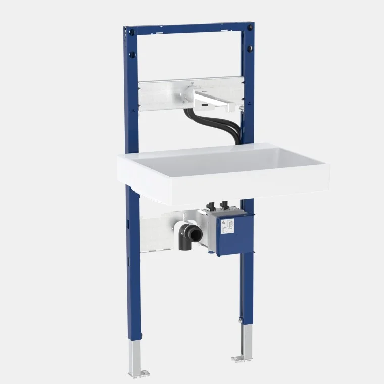 Bâti-support Geberit Duofix pour lavabo Geberit ONE compact et robinetterie murale, à hauteur du local, avec siphon rotatif à encastrer, avec Clou à encastrer