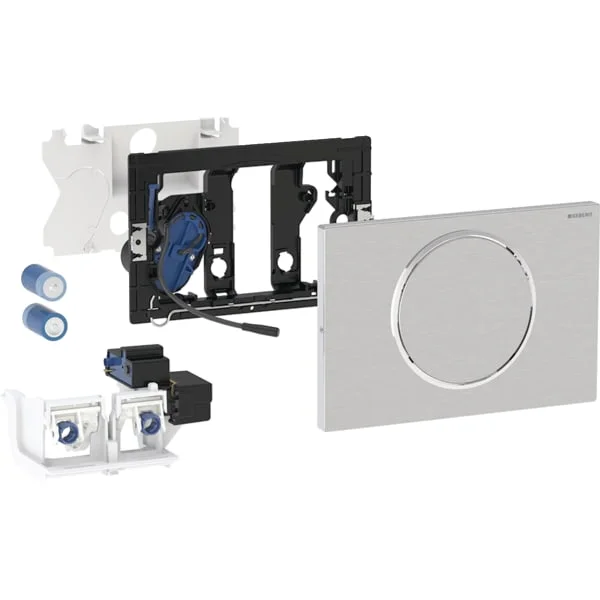 Commande de WC Geberit électronique, alimentation par pile, pour réservoir à encastrer Sigma 12 cm, avec plaque de déclenchement Sigma10, ronde, pour barre de relevage, pour commande déportée Bluetooth®