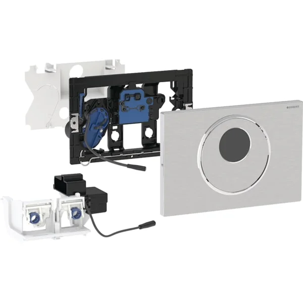 Commande de WC Geberit électronique, alimentation par pile, pour réservoir à encastrer Sigma 12 cm, avec plaque de déclenchement Sigma10, ronde, automatique / sans contact