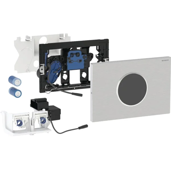 Commande de WC Geberit électronique, alimentation sur secteur, pour réservoir à encastrer Sigma 12 cm, avec plaque de déclenchement Sigma80, carrée, sans contact