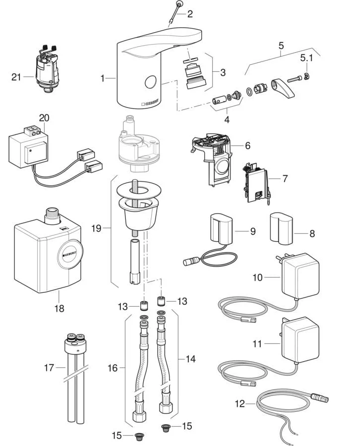 Robinetterie de lavabo Geberit type 185, alimentation par piles