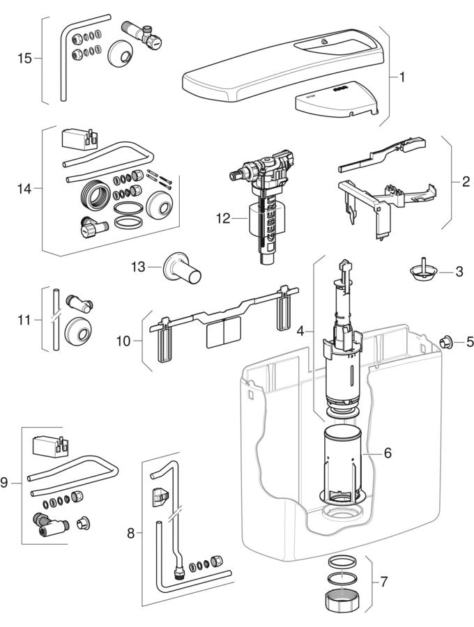 Réservoir Geberit AP140, basse position et mi-hauteur, simple touche interrompable