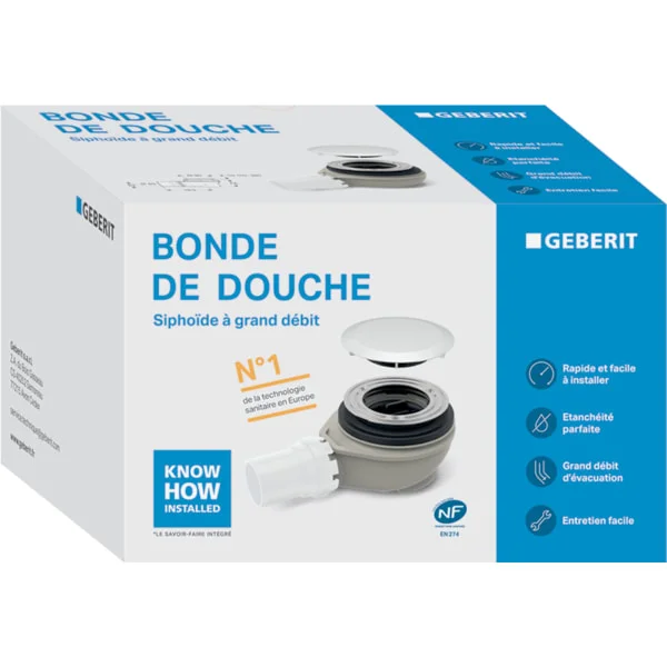 Bonde pour receveur de douche Geberit d90, avec cache bonde, garde d'eau 50 mm, sortie en PE