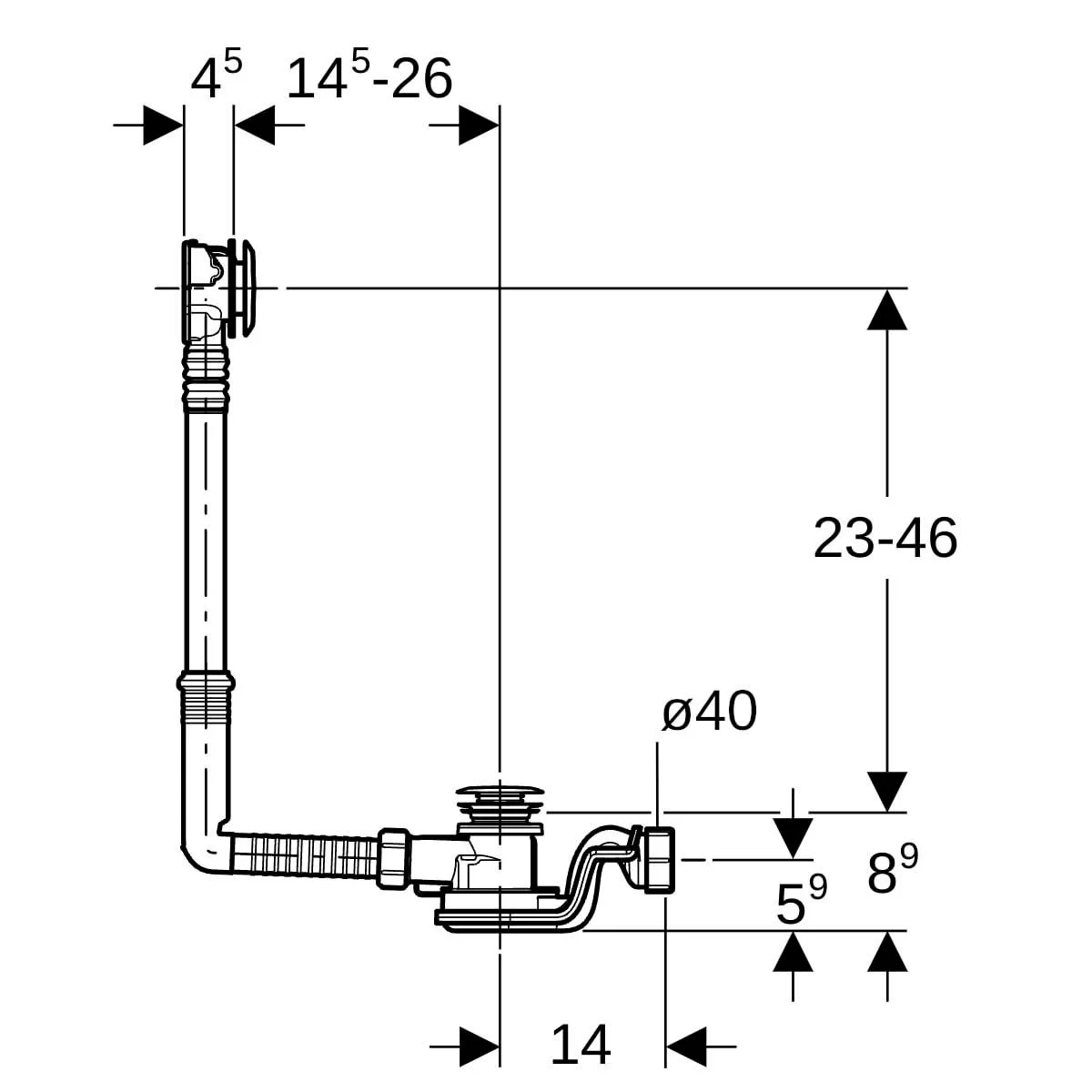 Vidage de baignoire à déclenchement par pression PushControl Geberit, d52, hauteur 60 cm, avec kit de finition