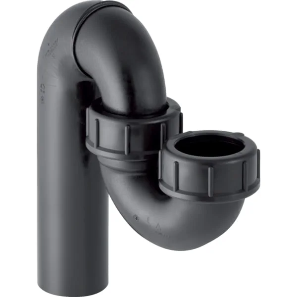 Siphon en tube coudé Geberit pour déversoir mural, avec raccord à joint américain, arrivée verticale et sortie horizontale