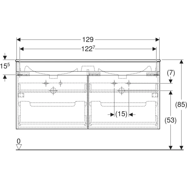 Pack lavabo double pour meuble Geberit Renova Plan, bandeau fin, avec meuble bas, deux tiroirs et deux tiroirs à l'anglaise