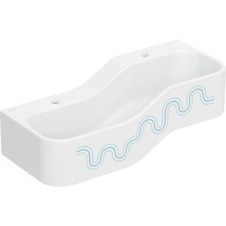 Espace sanitaire ludique Geberit Bambini avec deux zones de lavage, lavabo le plus bas à gauche