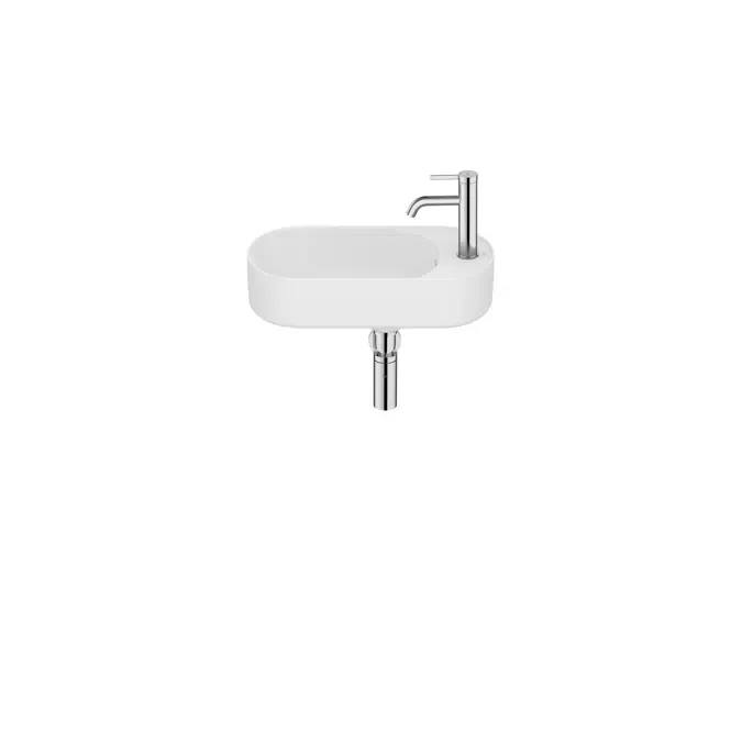 Compact asymmetric wall-hung ceramic basin with fixing kit