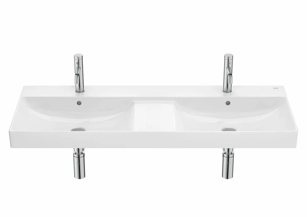 Double wall-hung ceramic basin with fixing kit