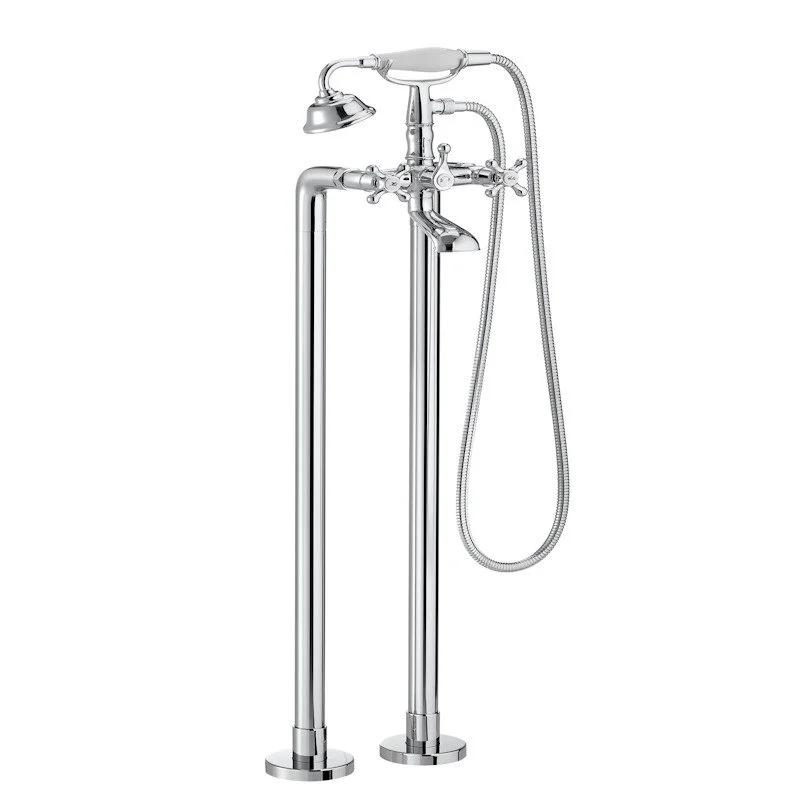 Floorstanding twin-lever bath-shower mixer with manual diverter, hand-shower, 1.50 m flexible shower hose and floor pillar legs.