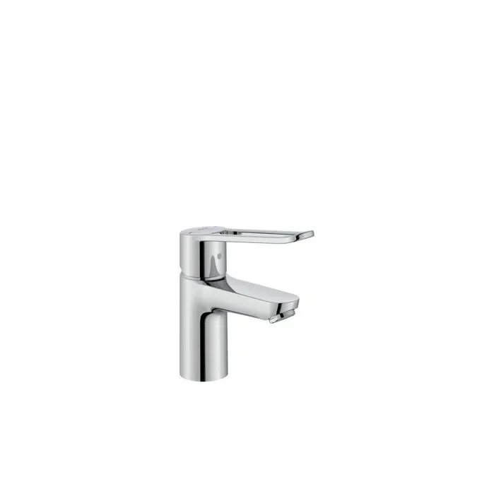 Basin mixer with smooth body, elongated handle with groove, and flexible supply hoses. M-Size