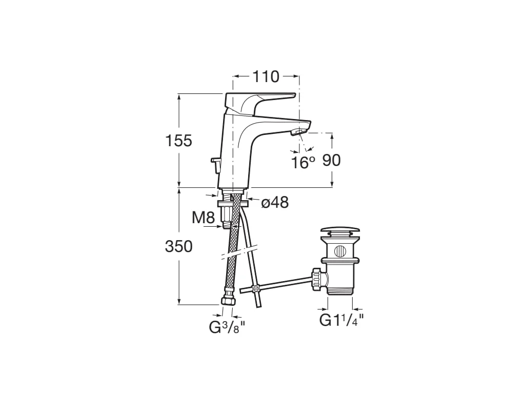 Basin mixer with side handle, smooth body and click-clack waste. Includes flexible supply hoses. Cold Start. L-Size.