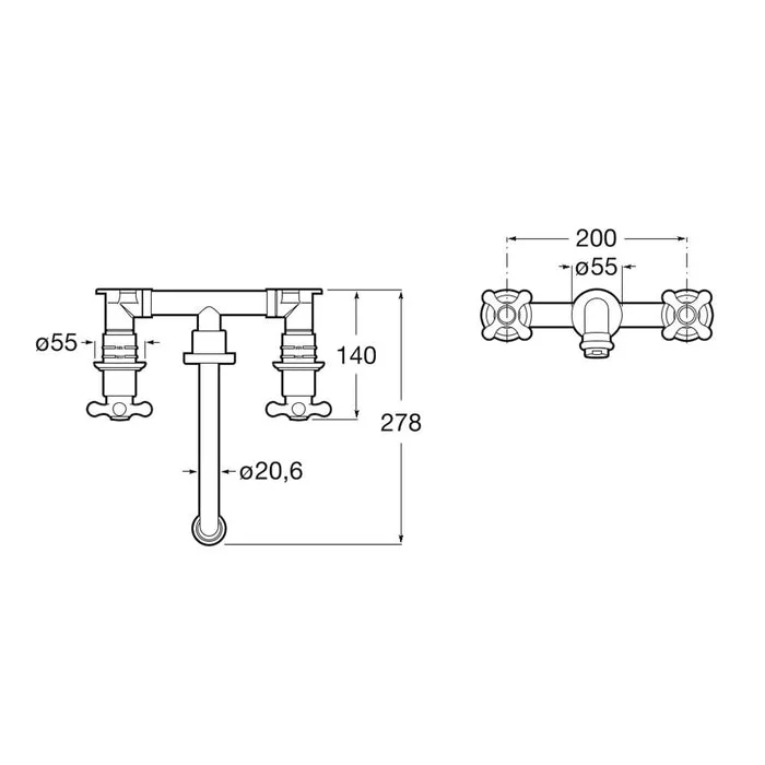 Built-in twin-lever basin mixer. Waste and flexible supply hoses not included.