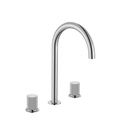 Twin-lever basin mixer with lateral handle - 3 holes -, 230 mm long spout. Waste not included.