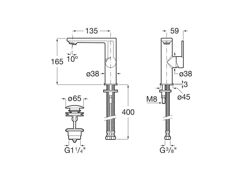 Basin mixer with side handle, smooth body with click-clack waste and flexible supply hoses. Cold Start. L-Size.