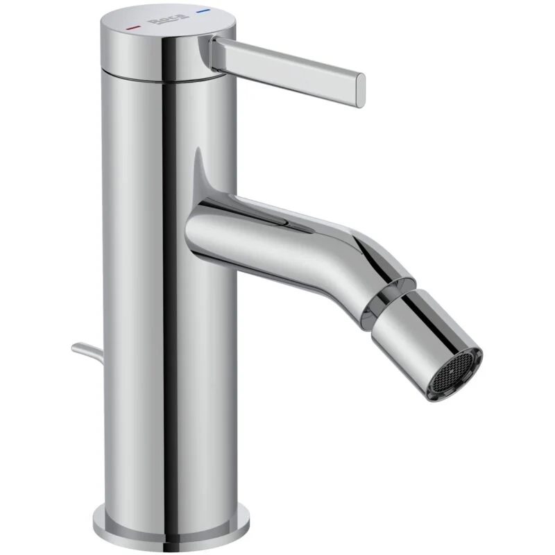 Bidet mixer with retractable chain and flexible supply hoses.