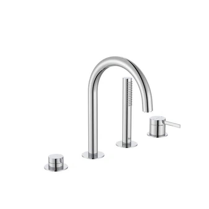 Deck-mounted bath-shower mixer whit 190 mm bath spout, diverter, hand-shower and flexible shower hose.