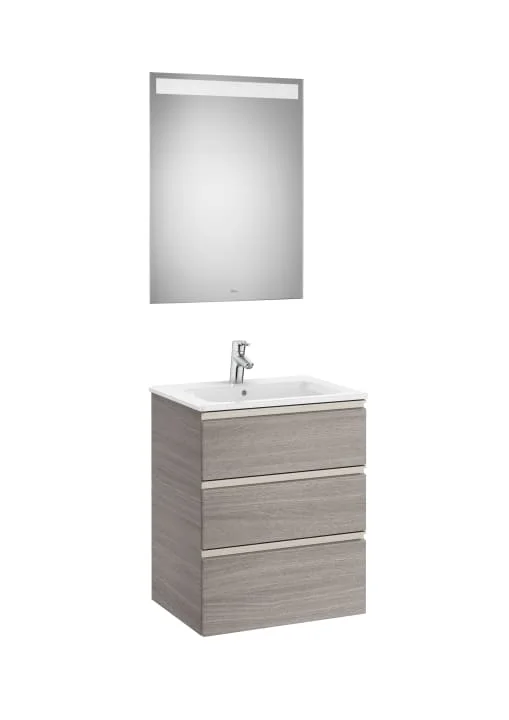 Pack - Compact base unit with three drawers, centered slim basin and Eidos LED mirror