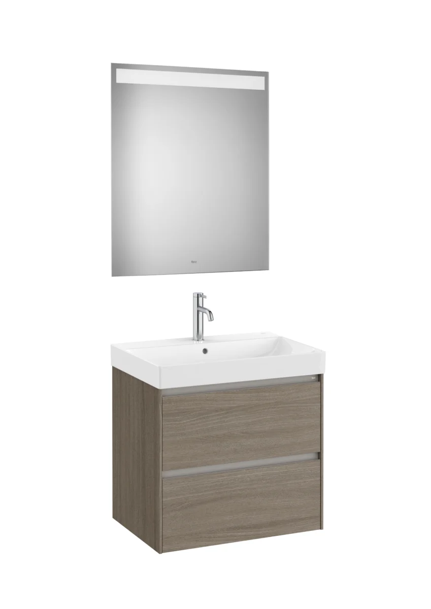 Pack - Base unit with two drawers, Fineceramic® basin and Eidos LED mirror, left-hand basin
