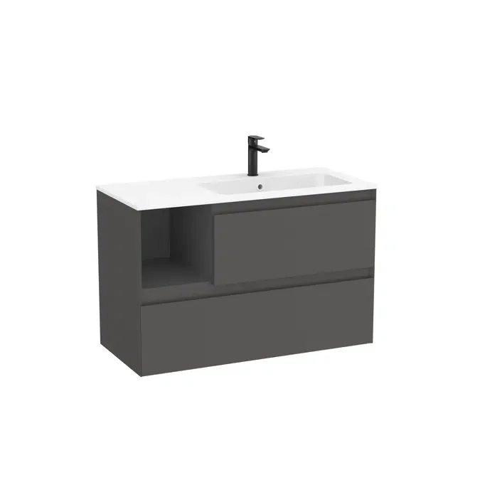 Unik - Asymmetric base unit with two drawers, open side shelf and right-hand Stonex® basin in matt white finish