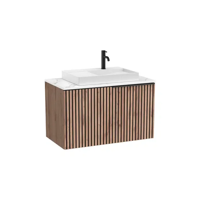 Unik - Base unit with one drawer in a slatted finish, white veined marble countertop and Horizon Geometric white over countertop basin with taphole