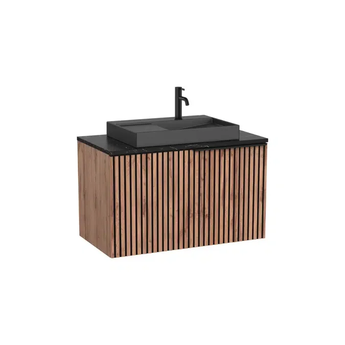 Unik - Base unit with one drawer in a slatted finish, black veined marble countertop and Horizon View black over countertop basin without taphole