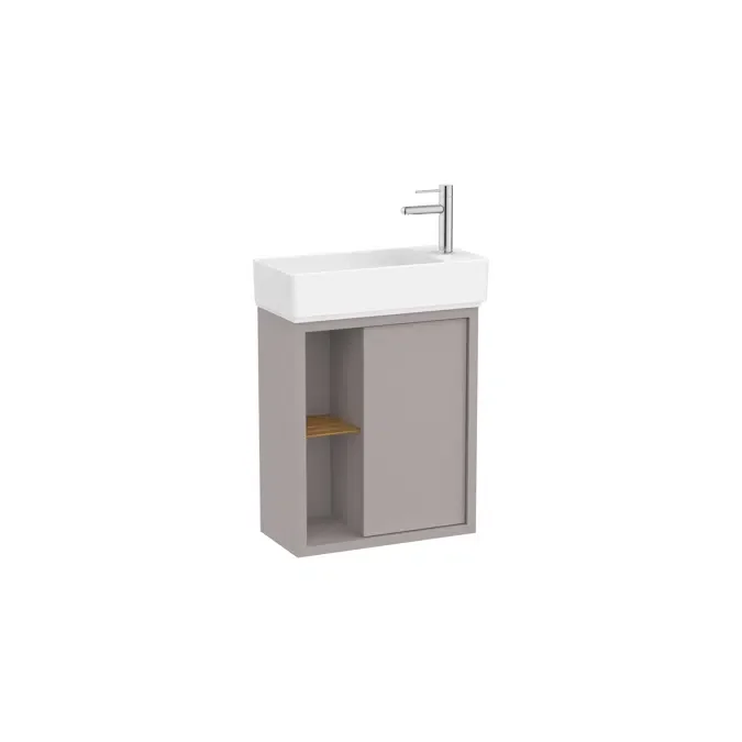 Unik - Compact asymmetric base unit with one door, side shelf and basin