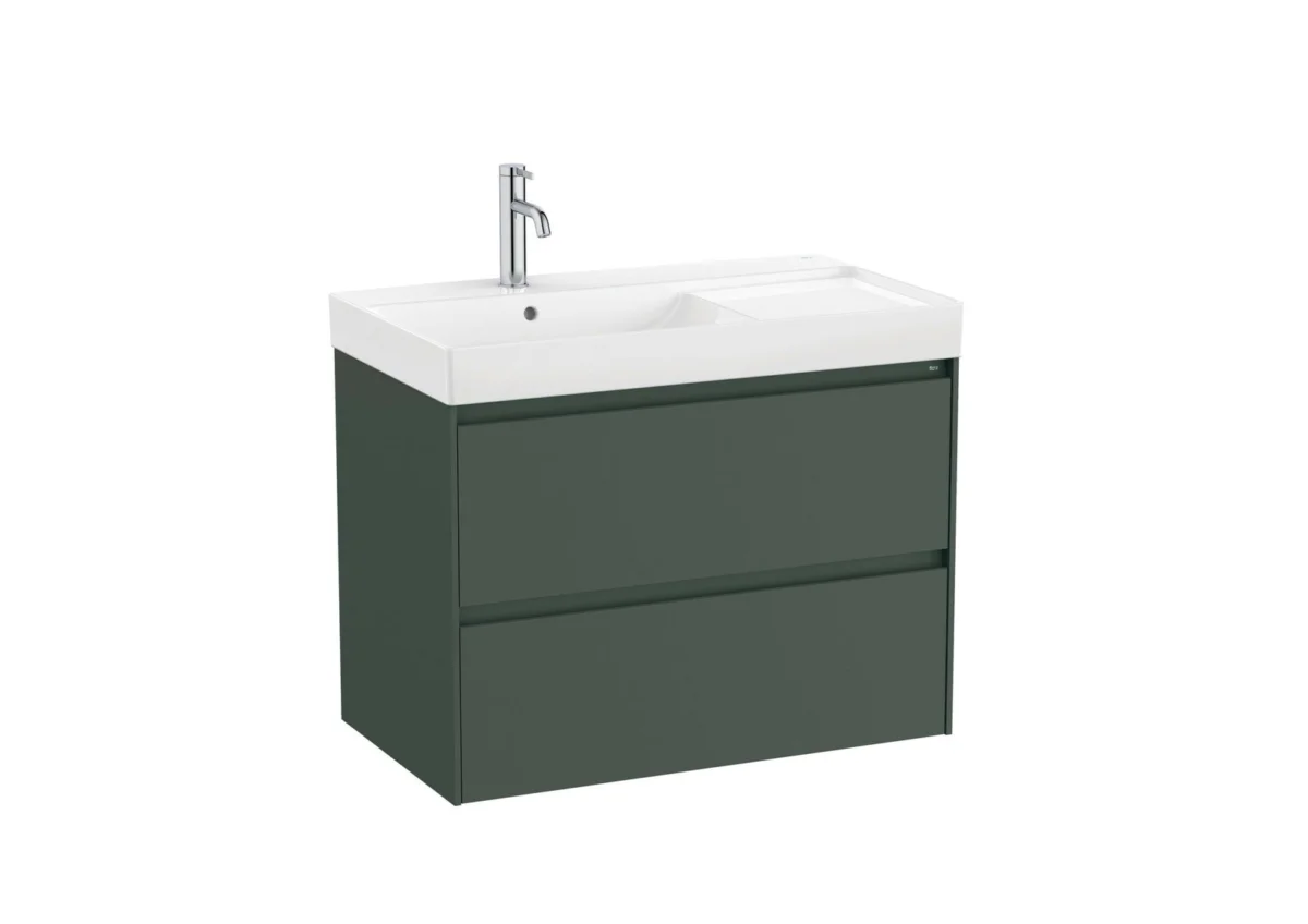 Unik - Asymmetric base unit with two drawers, side shelf and left-hand basin