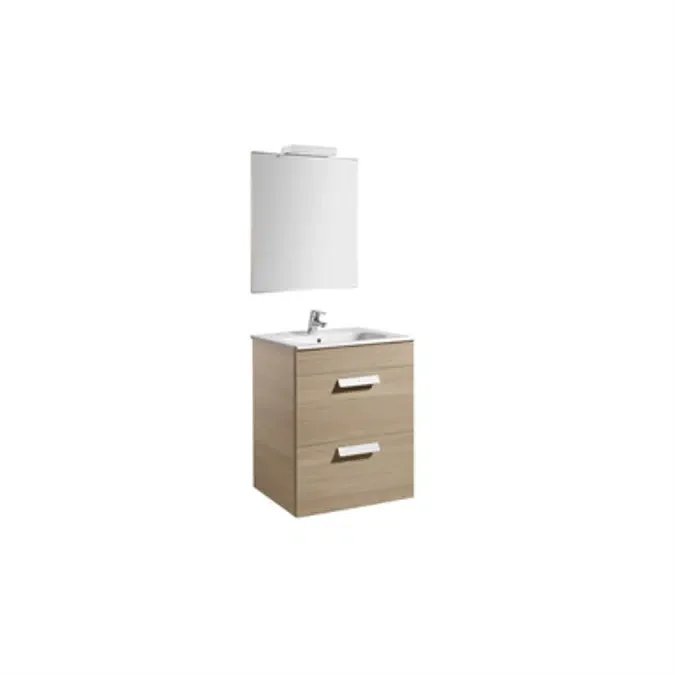 Pack - Base unit with two drawers, ceramic basin, mirror and LED spotlight