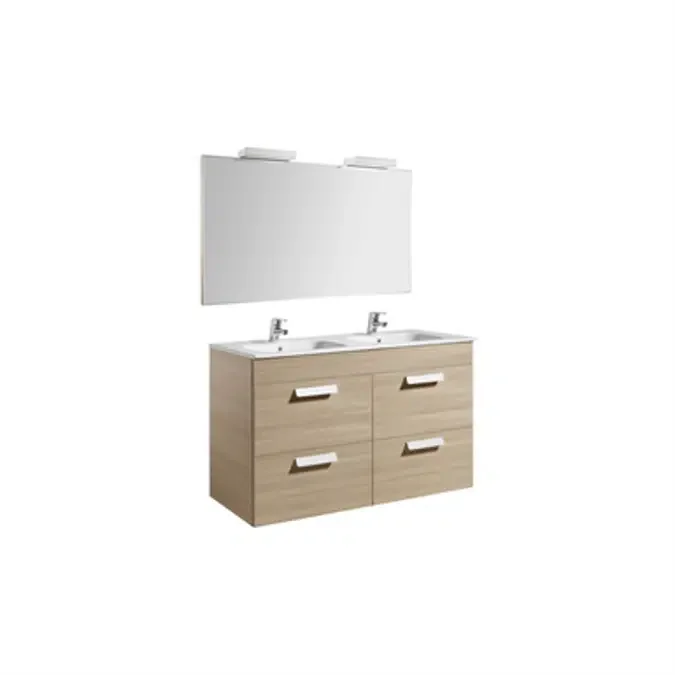 Pack - Base unit with four drawers, double ceramic basin, mirror and LED spotlight