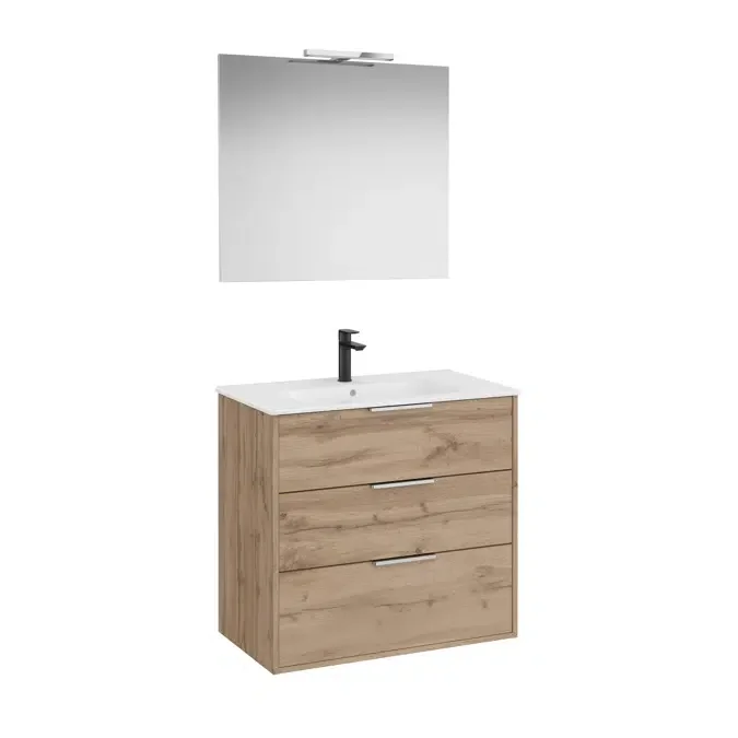 Pack - Base unit with three drawers, ceramic basin, mirror and LED spotlight