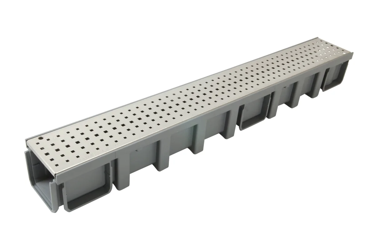 Caniveau bas longueur 1 m en PVC gris clair avec feuillure inox 304 et 1 grille passerelle inox 304