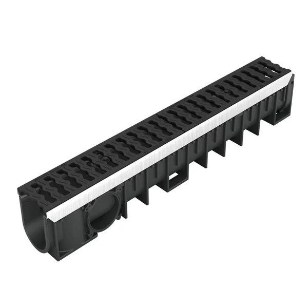 Caniveau longueur 1 m en PP noir avec feuillures acier galvanisé et avec 2 grilles fonte - largeur de fente 6 mm hauteur 0 - 80 mm