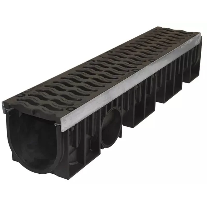 Caniveau longueur 1 m en PP noir avec feuillures acier galvanisé et avec 2 grilles fonte hauteur 0 - 80 mm