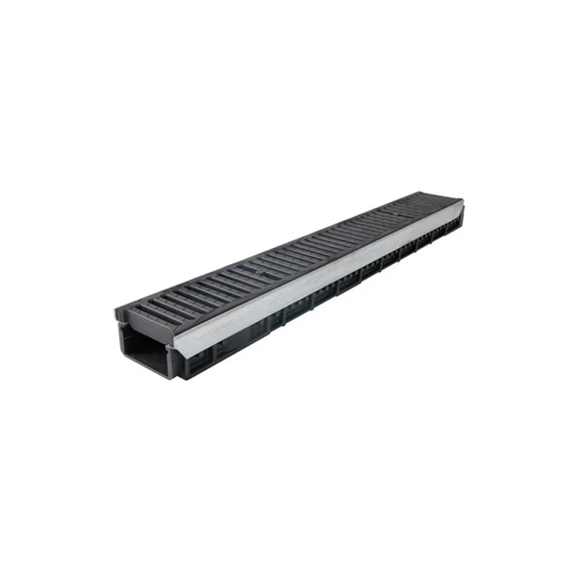 Caniveau longueur 1 m en PP noir avec feuillures acier galvanisé et avec 2 grilles passerelle PVC