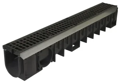 Caniveau longueur 1 m en PP noir avec feuillures acier galvanisé et avec 2 grilles - Hauteur 2 - 170 mm - Verrouillage : 1 vis par grille sur étrier - Feuillures et fixations en inox sur demande