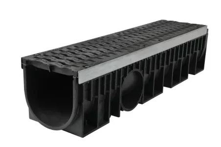 Caniveau longueur 1 m en PP noir avec feuillures acier galvanisé et avec 2 grilles fonte - largeur de fente 6 mm hauteur 3 - 210 mm