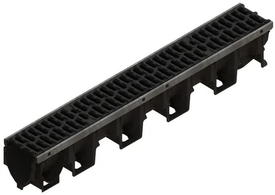 Caniveau longueur 1 m en PP noir avec feuillures acier galvanisé et avec 2 grilles composite - Hauteur 3 - 210 mm