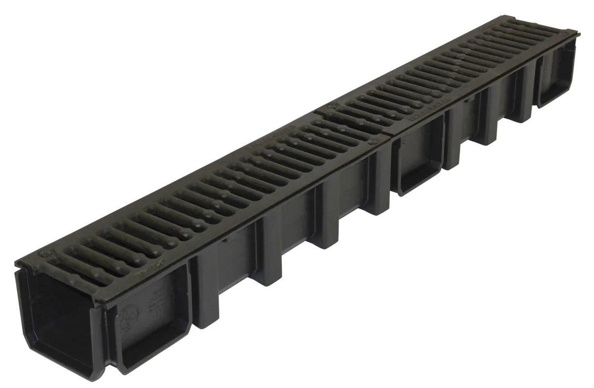 Caniveau longueur 1 m en PP noir avec feuillures acier galvanisé et avec 2 grilles - Hauteur 4 - 250 mm