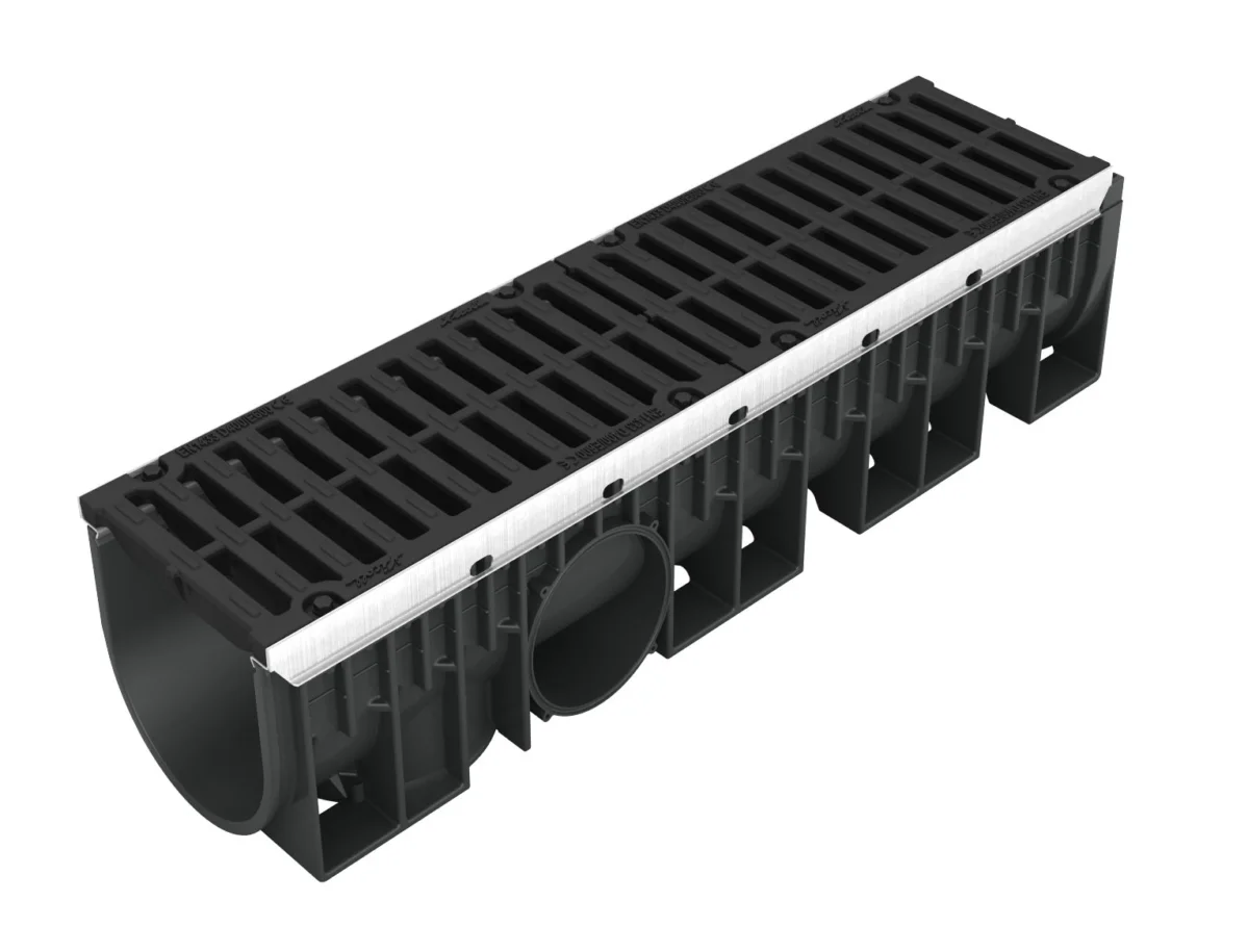 Caniveau longueur 1 m en PP noir avec feuillures acier galvanisé et avec 2 grilles fonte Hauteur 4 - 250 mm