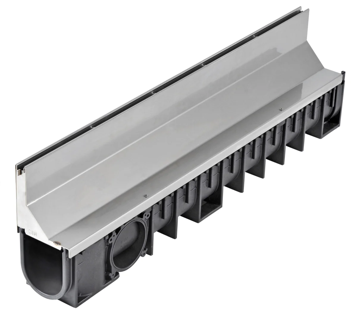 Caniveau longueur 1 m en PP noir avec fente excentrée acier inoxydable 430 (inox 304 et 316 sur demande) Hauteur 202 mm