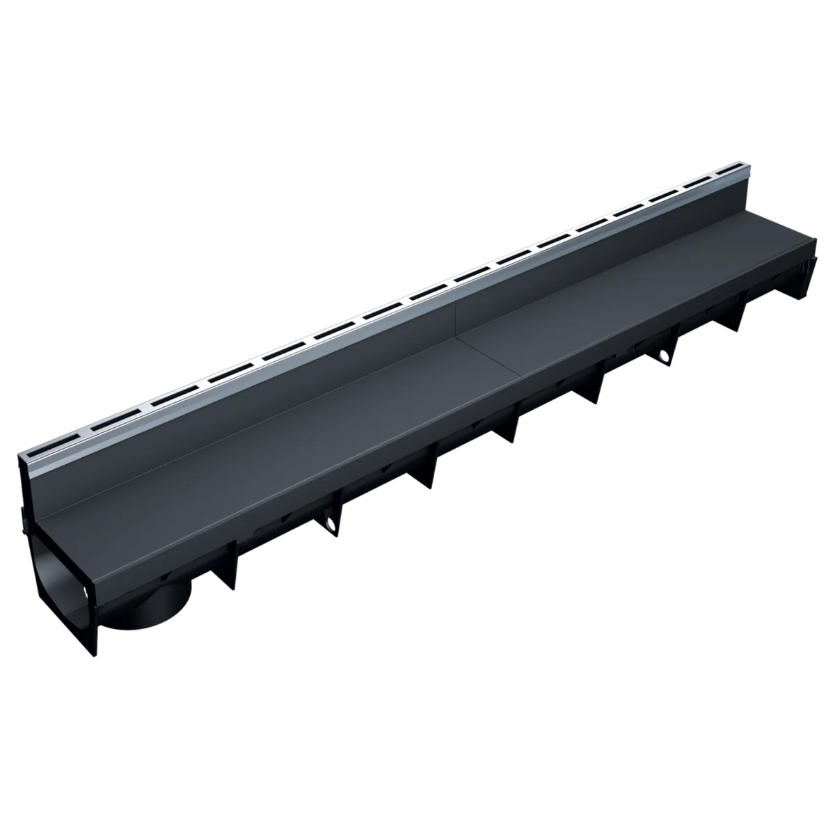Caniveau longueur 1 m en PP noir avec fente excentrée acier inoxydable 430 (inox 304 et 316 sur demande)