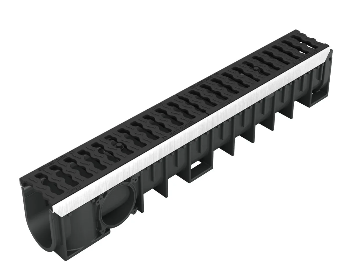 Caniveau longueur 1 m en PP noir avec fente excentrée acier inoxydable 430